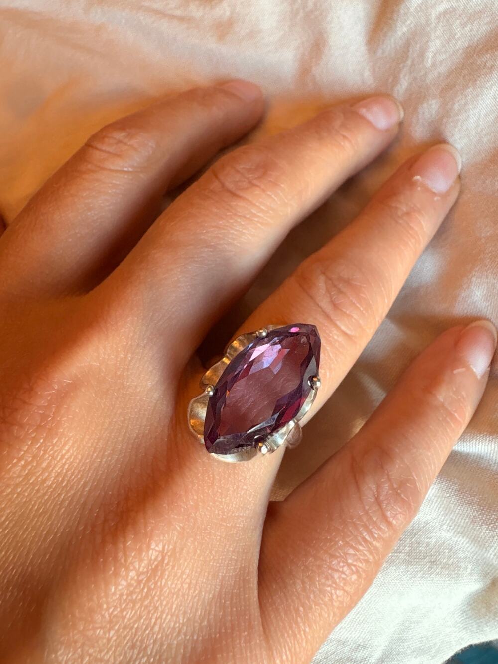 Vintage 925 Sterling Silver Large Purple Marquise Stone Ring Size 7 Statement